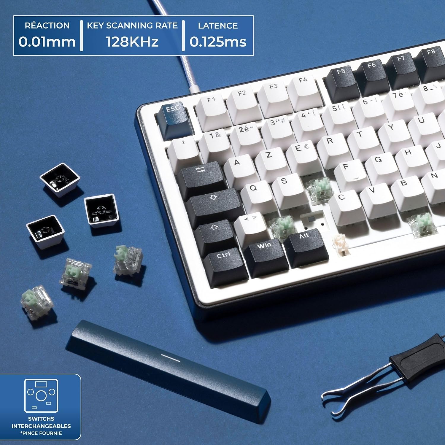 Detalle de THE G-LAB KEYZ Elite 400 HE BW – klawiatura Hall Effect 96% AZERTY FR, RGB i hot-swap