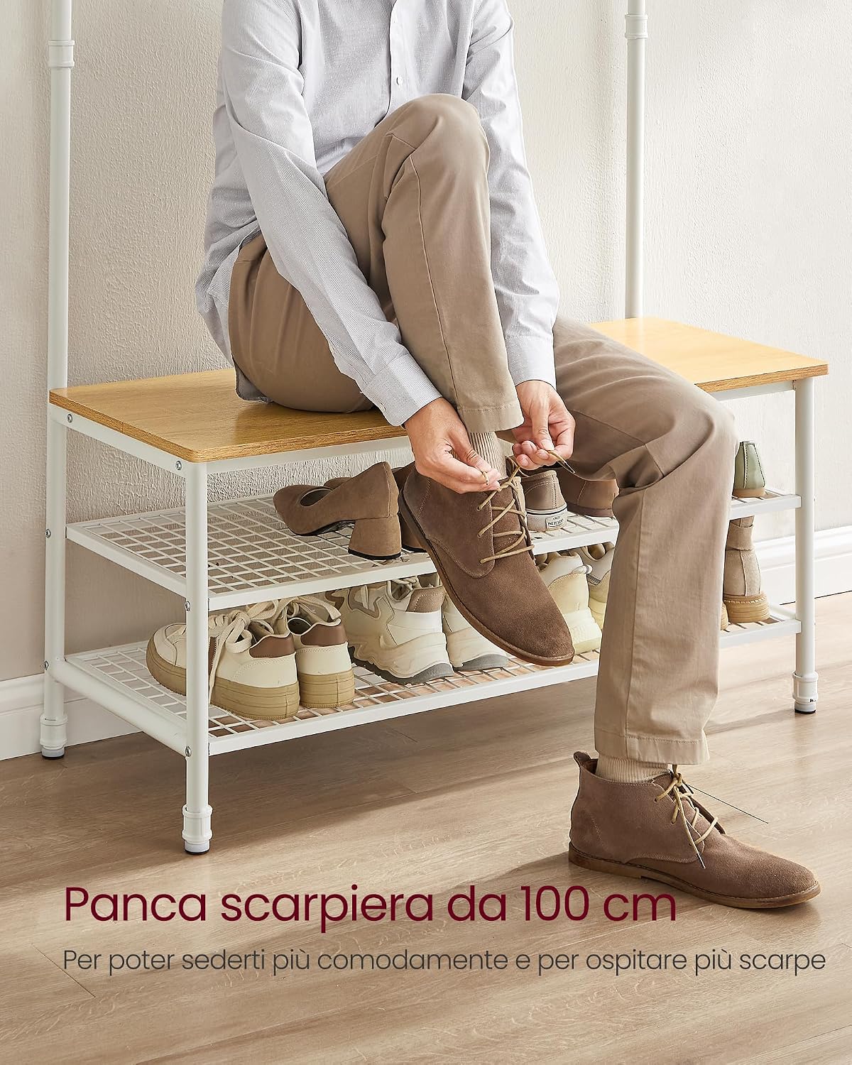 Detalle de VASAGLE Appendiabiti Grande Mobile da Ingresso con Panca, 9 Ganci e Scarpiera HSR047W09 (Rovere e Bianco)