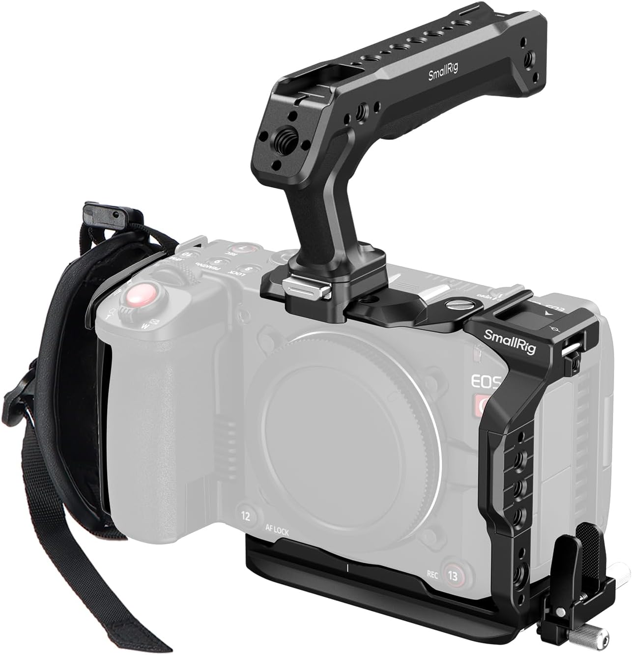 Detalle de SMALLRIG 5809 klatka do Canon C50 z uchwytem i płytką Arca