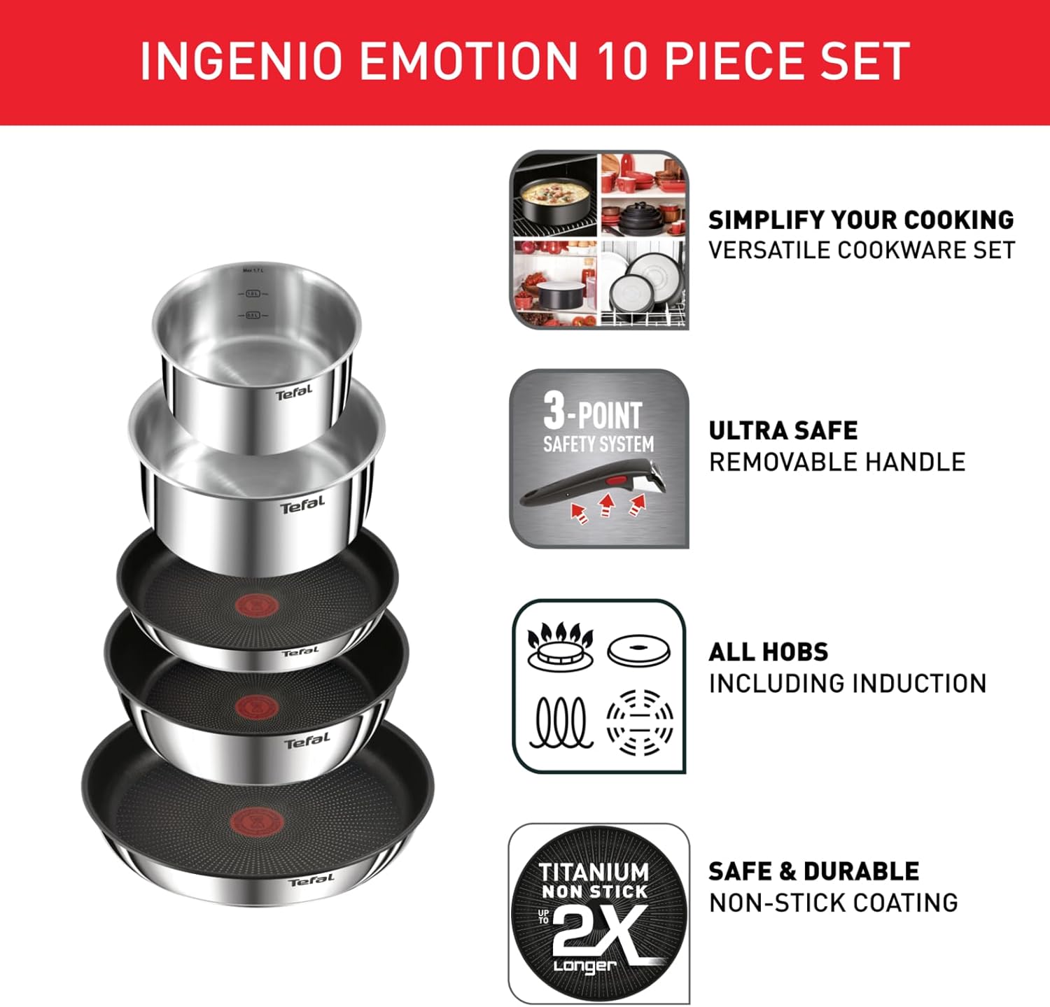 Thumbnail 2 de Tefal Ingenio Emotion 10 Piece Cookware Set (L897SA74) with removable handle