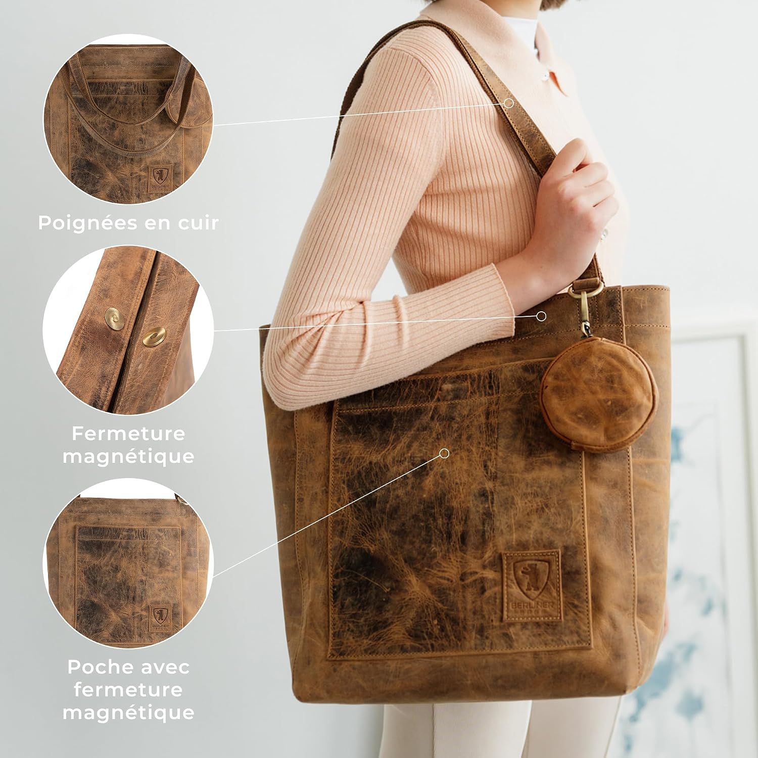 Thumbnail 3 de Berliner Bags Seville Grand : Cabas en Cuir Véritable pour Femme, Spacieux et Élegant