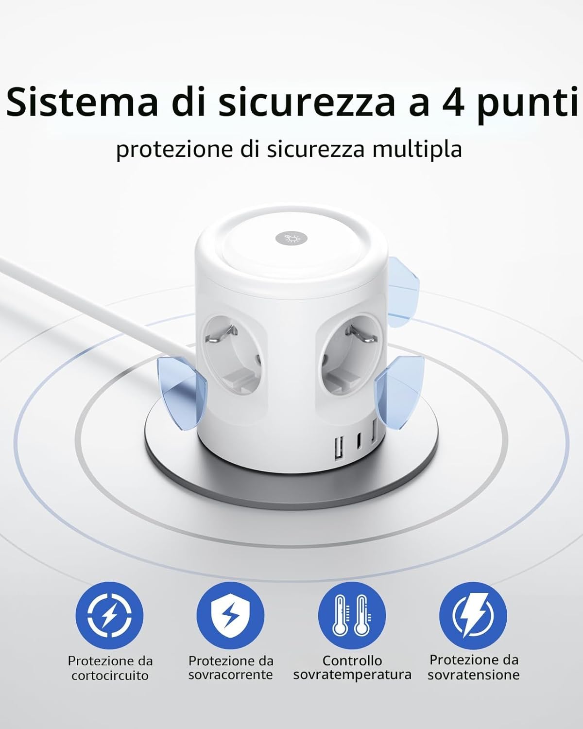 Thumbnail 6 de 3M Ciabatta multipresa con luce, 4 prese e 3 USB (USB-C + USB-A) con interruttore, 16A, cavo 3 metri