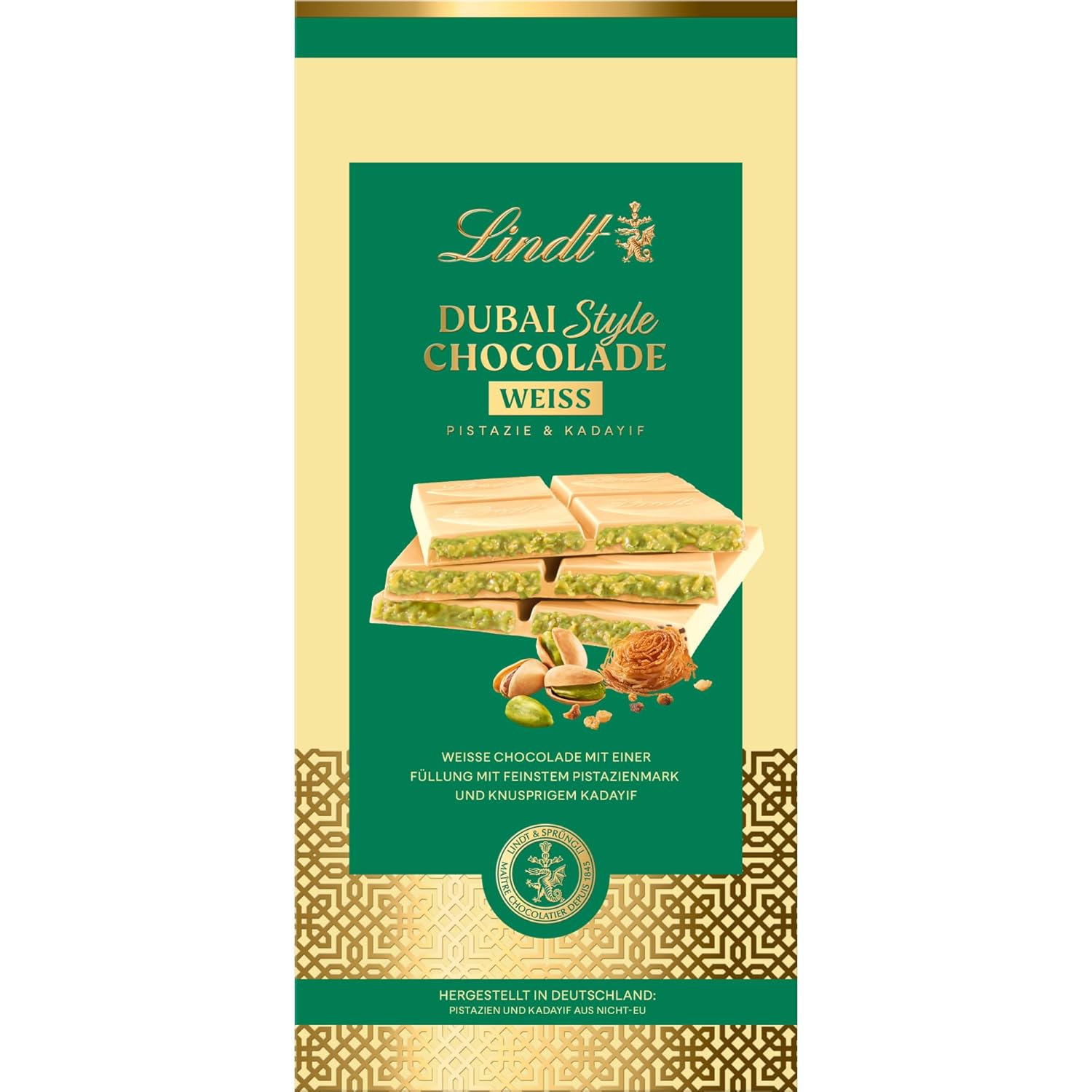 Detalle de Lindt Dubai Style Weiß Schokolade – Pistaziencreme mit Kadayif, 149 g
