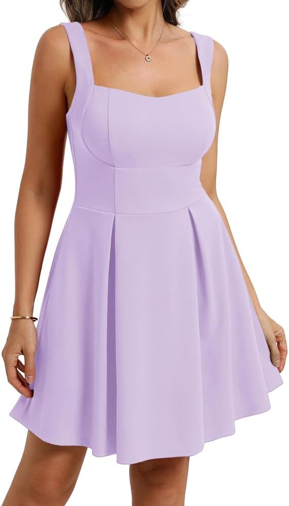 Detalle de Belle Poque Mini robe trapèze à col carré – Dos ouvert, poches et swing fluide