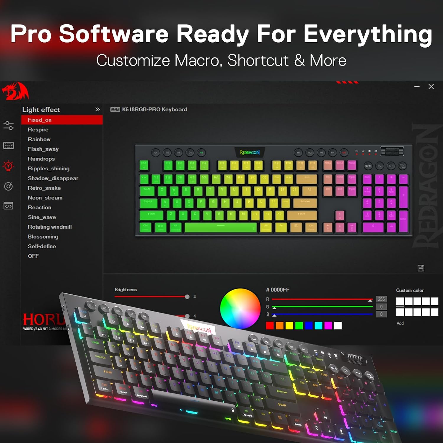 Thumbnail 6 de Redragon K618 Horus Wireless RGB Low Profile Mechanical Keyboard (Tri-Mode: Bluetooth/2.4Ghz/Wired) with Linear Red Switch