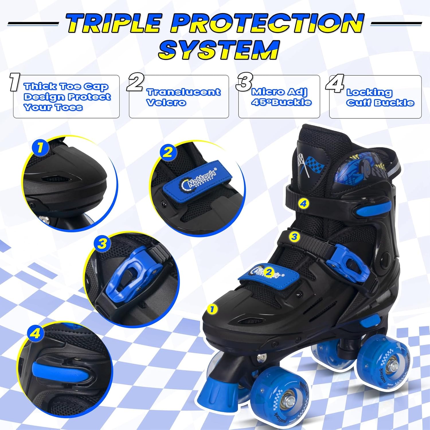 Thumbnail 1 de Nattork Adjustable Roller Skates for Kids (Ages 4–16) — Racing Car Design, ABEC-7 Bearings, Rear Brake
