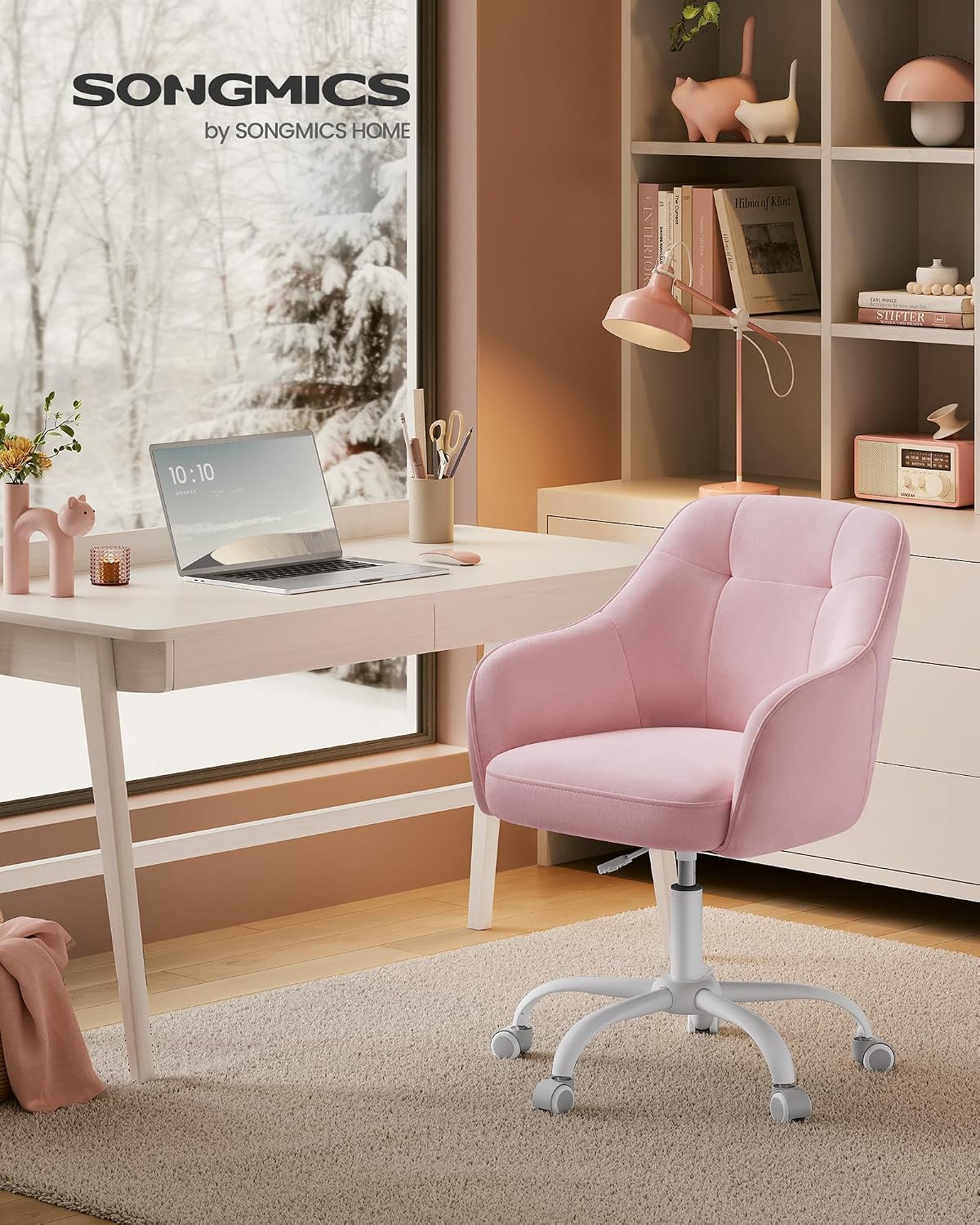 Detalle 2 de SONGMICS Sedia da Studio in Casa OBG019P02: Sedia Girevole Regolabile in Altezza, 110 kg, Rivestimento in velluto, Rosa gelatina