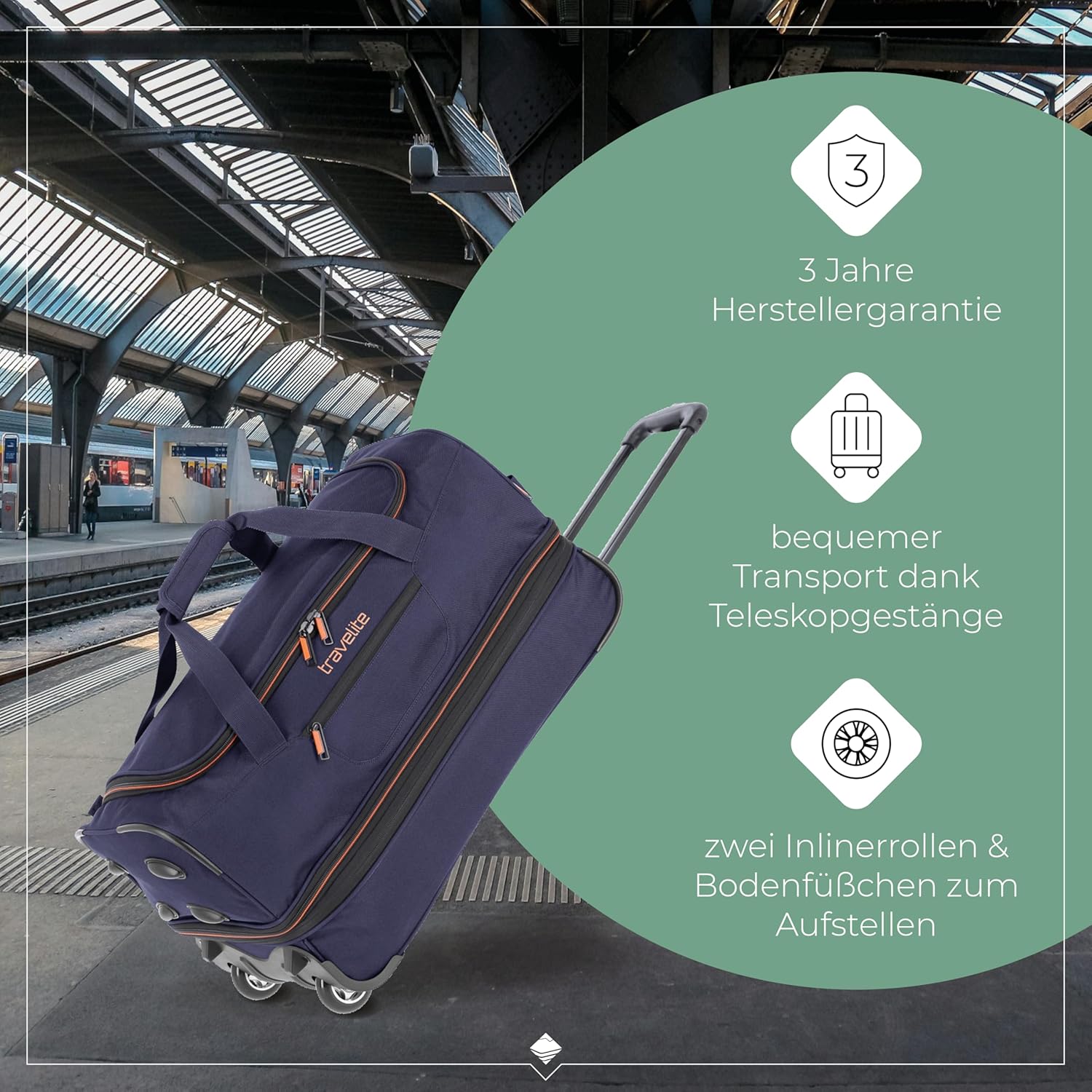 Detalle 2 de Travelite Trolley Reisetasche Basics mittelgroß mit Rollen, 51–64 l, 55 cm, Blau