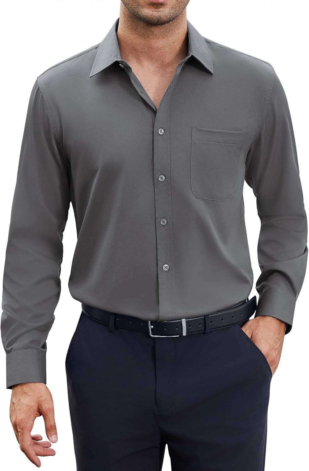Detalle de siliteelon Herren Hemden Bügelfrei Regular Fit Langarm – Unifarben Stretch, Business & Freizeit