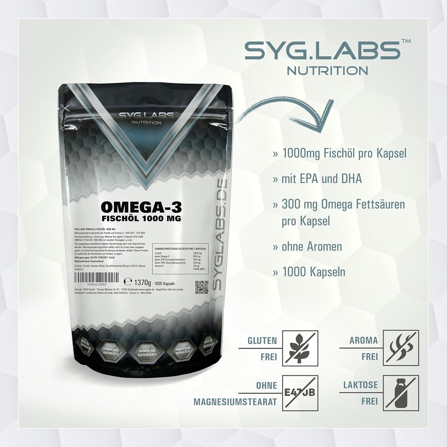 Thumbnail 3 de Syglabs Omega 3 Fischöl 1000mg – 1000 Kapseln, 2000mg Tagesdosis, 360mg EPA / 240mg DHA