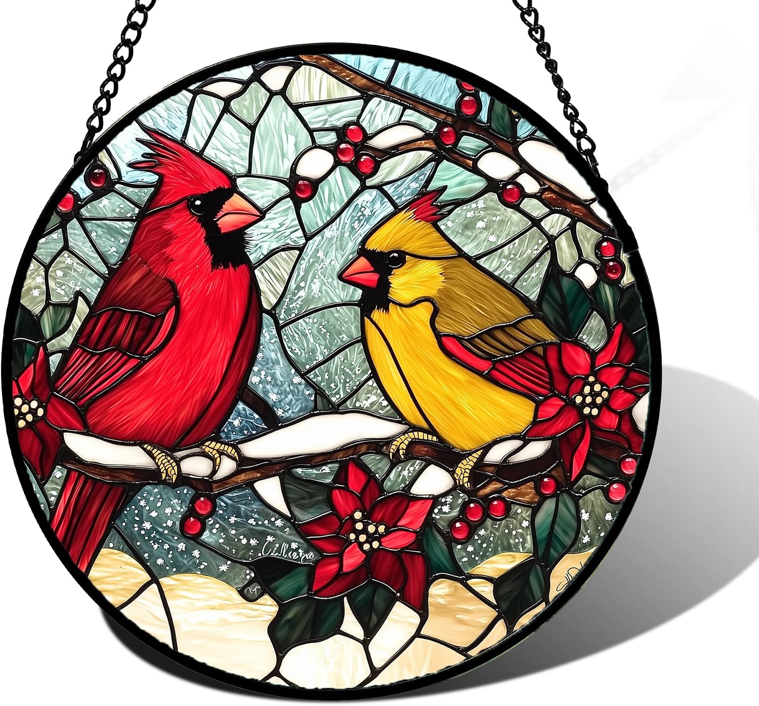 Detalle de DASTOLL Cardinals Poinsettia Glass Suncatcher, 6.3-Inch Window Hanging