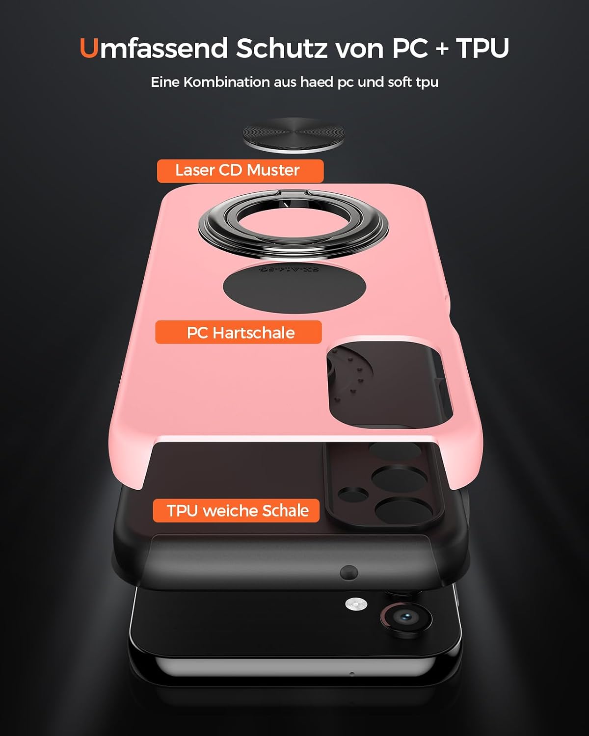 Detalle de KRAFTCARE Hülle für Samsung Galaxy A14 5G mit 360° Ring, Schutzfolie & robustem Stoßschutz – Rosa