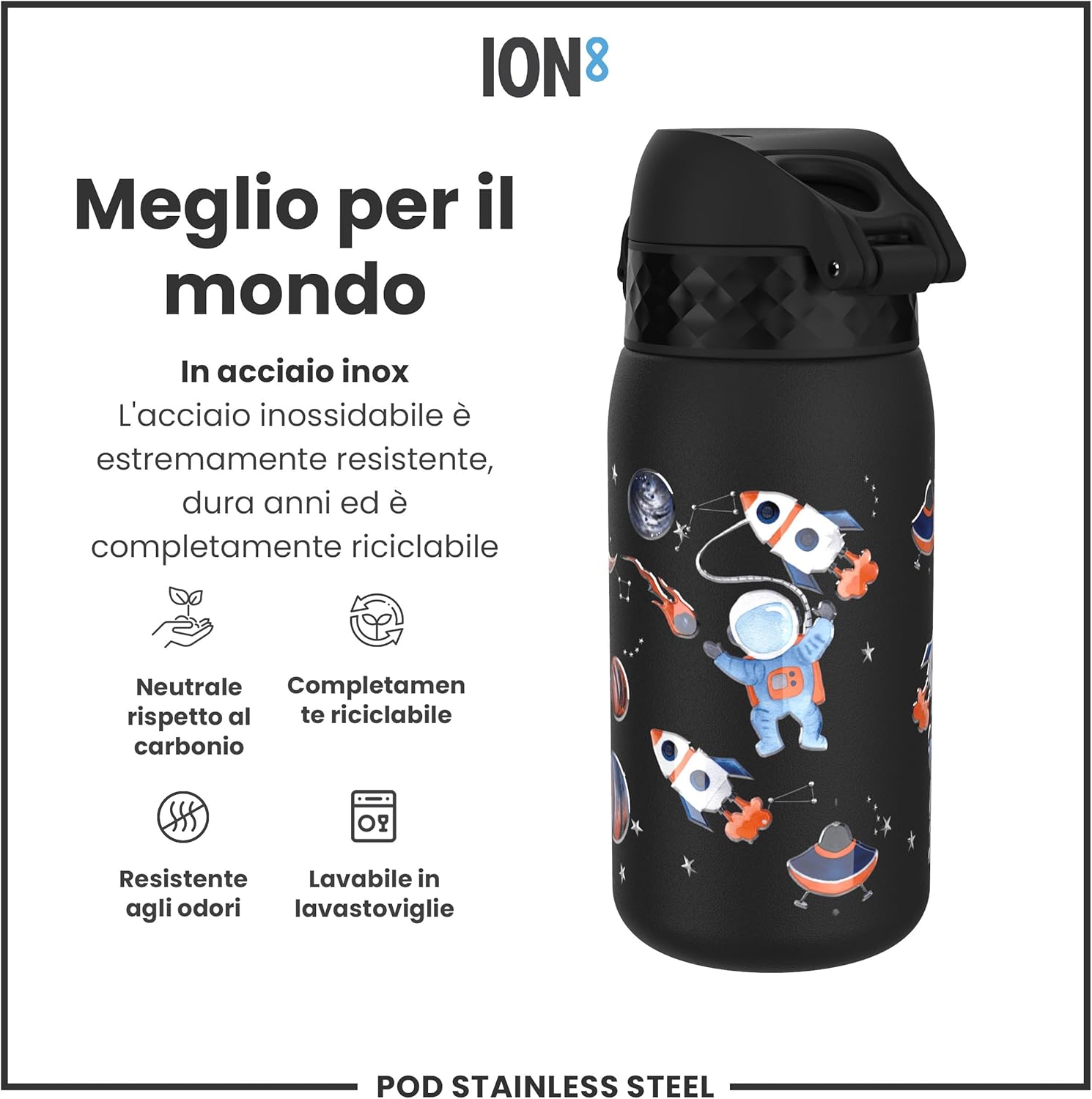 Detalle 2 de ION8 Borraccia Inox Leggero per Bambini 400ml – non isolata, a prova di perdite, lavabile in lavastoviglie