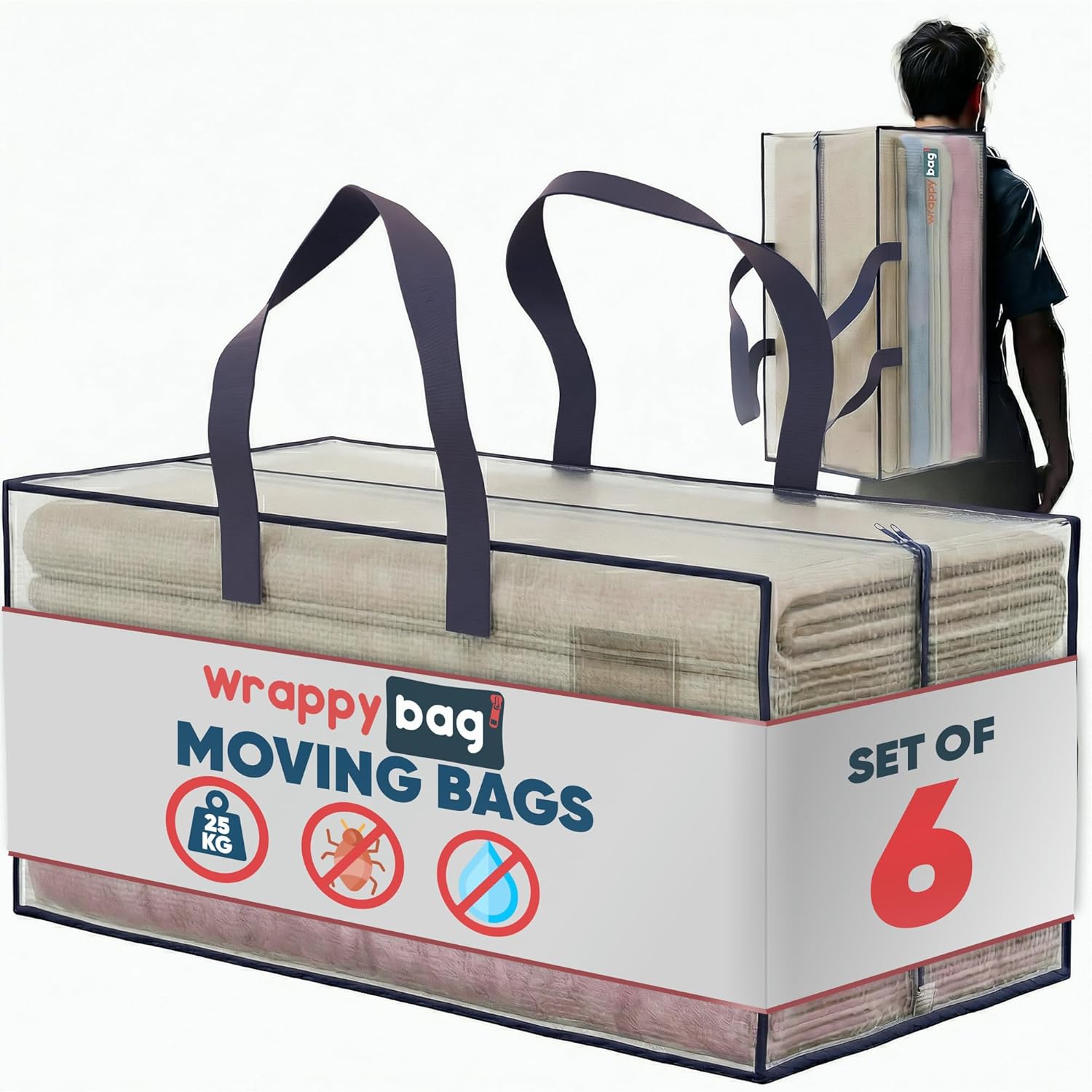 Thumbnail 6 de WRAPPYBAG Set of 4 Large Plastic Storage Bags – Jumbo XXL 76 x 36 x 38 cm with Built-in Backpack Straps