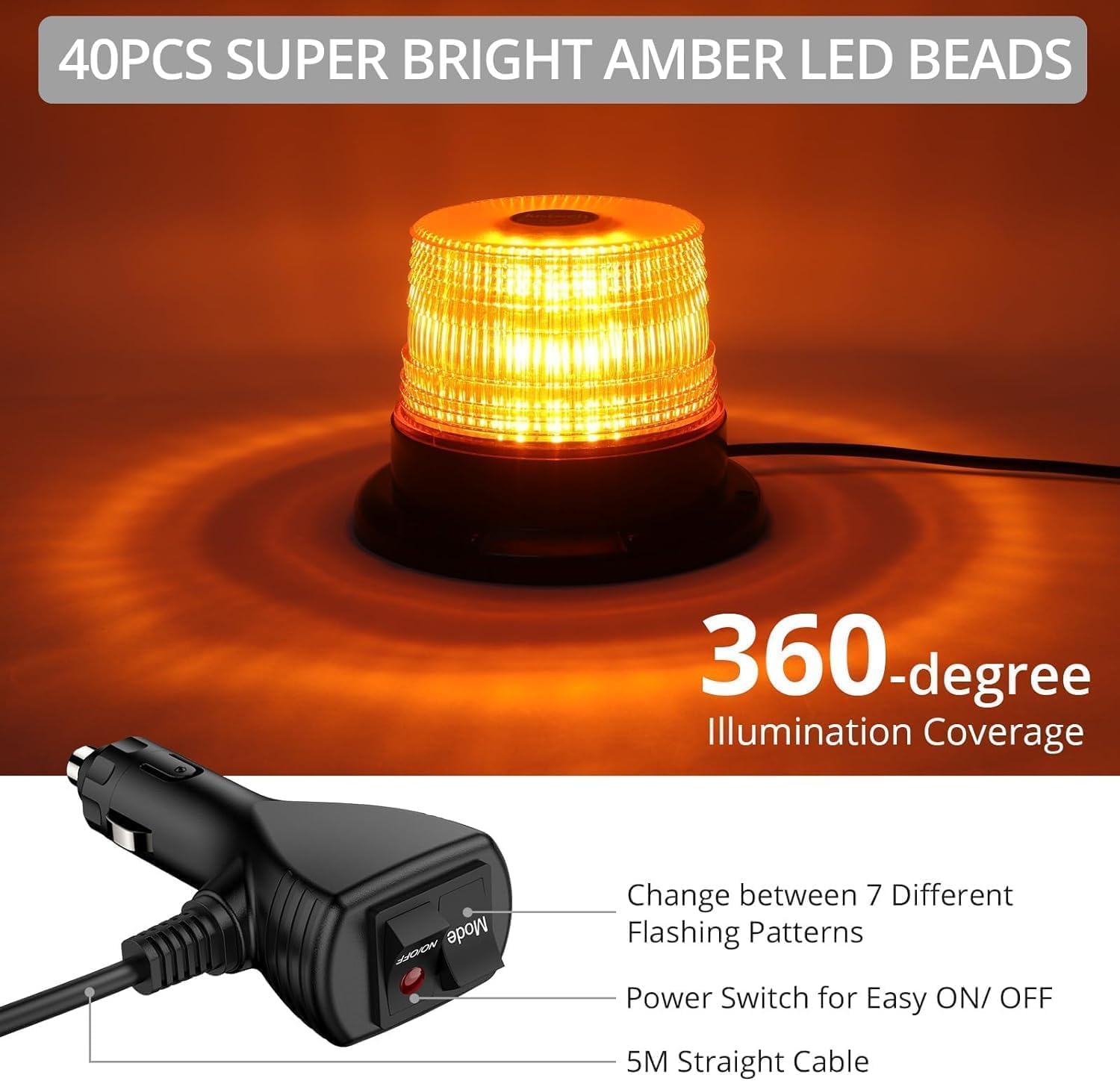 Detalle de Justech 12/24V 40W Amber LED Flashing Beacon with Magnetic Base, 7 Flash Modes (IP65)