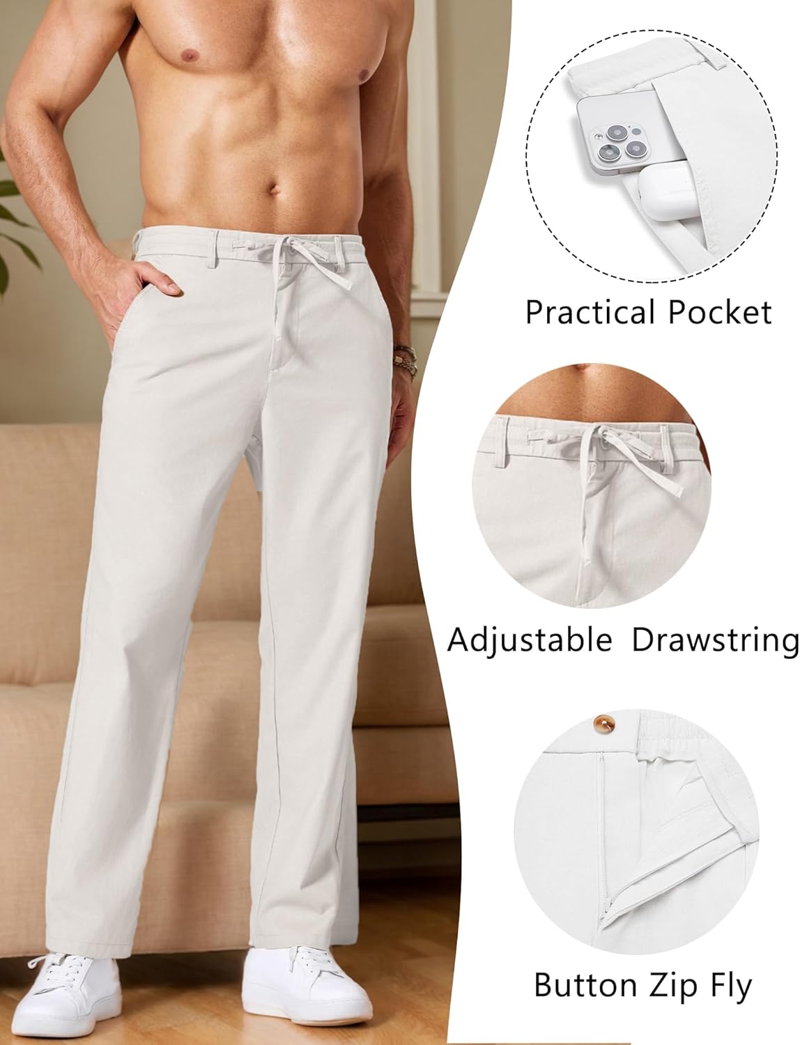 Detalle de COOFANDY Men’s Cotton Linen Drawstring Pants (Cotton-Linen Beach Trousers)