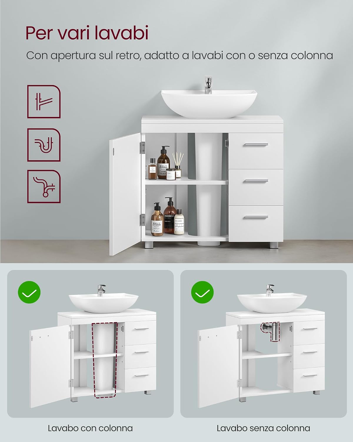 Thumbnail 4 de VASAGLE Mobile Sottolavabo 30x60x64 cm Bianco Nuvola