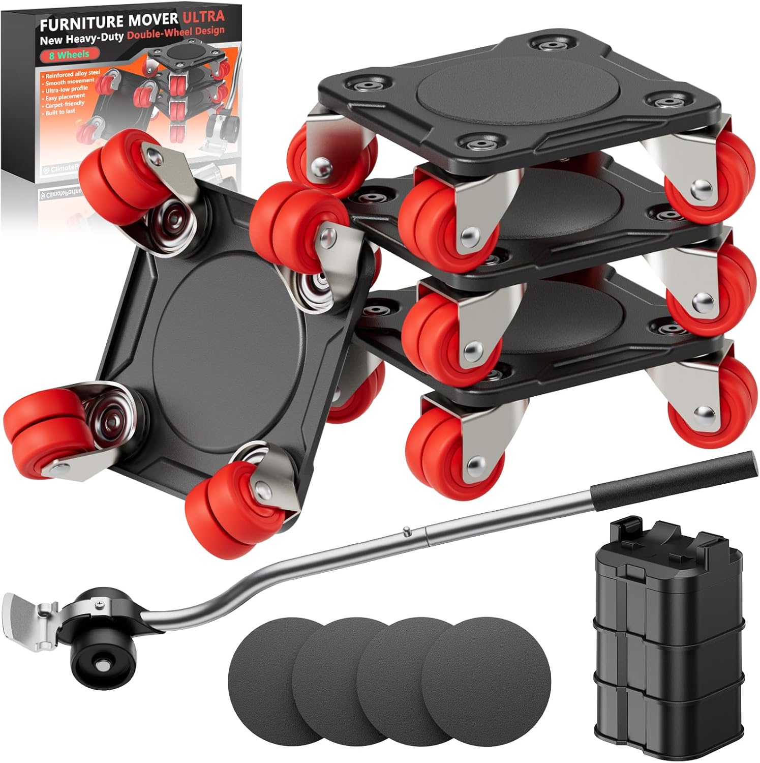 ONEON Furniture Mover Ultra with 8 Wheels – low-profile double-wheeled dolly kit with auxiliary lifter (supports up to 1650 lbs)
