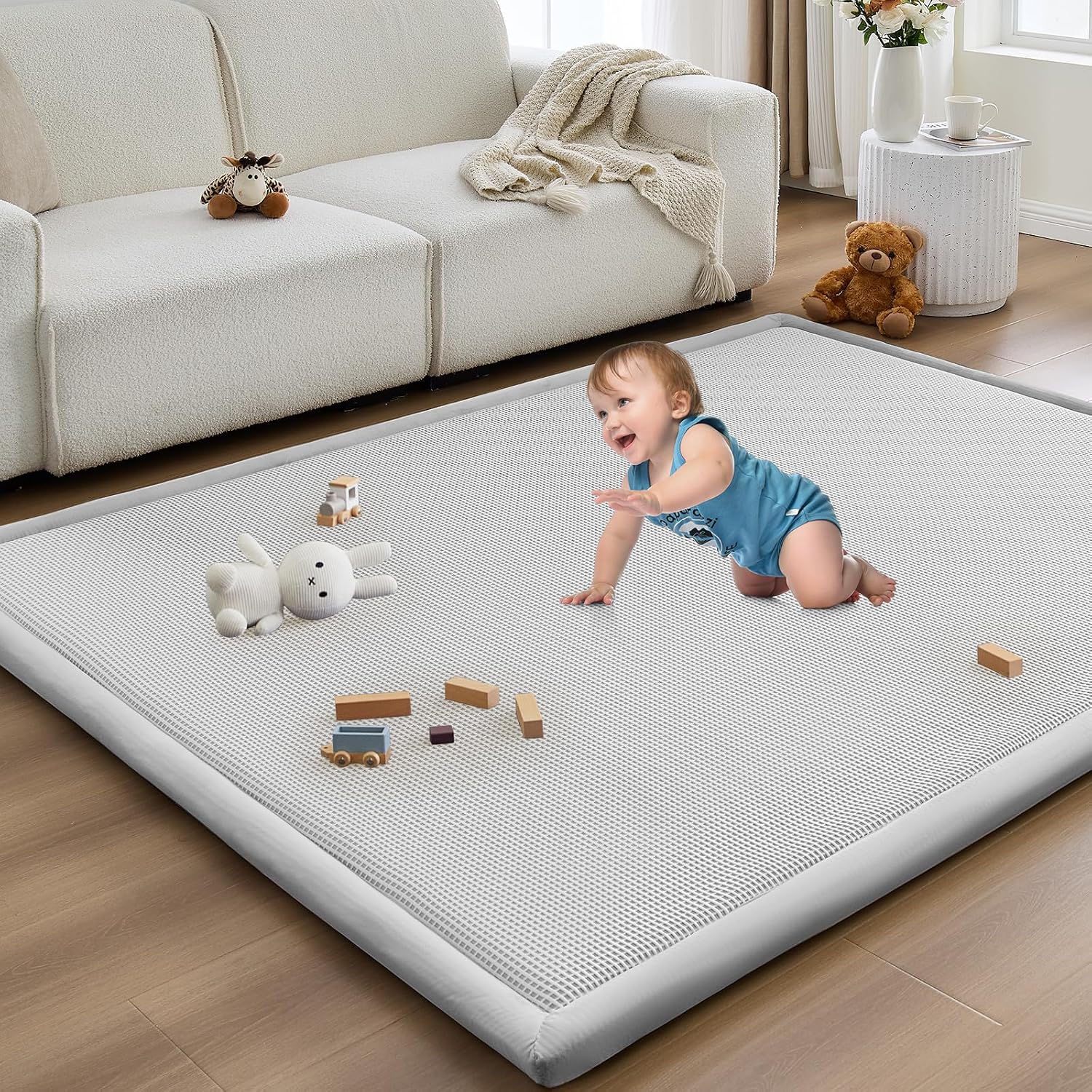 Detalle de ILPEOD Baby Play Mat, 59 x 79-Inch Plaid Light Gray Rug with 1.3-Inch Foam
