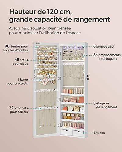 Thumbnail 4 de SONGMICS Armoire à Bijoux JJC093W01 – Rangement mural avec miroir, verouillable, blanc et doublure grège