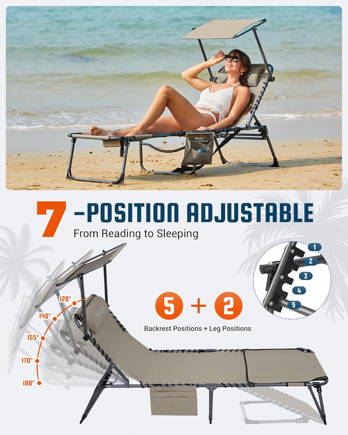 Thumbnail 5 de KingCamp Lounge Chair with Face Hole & Canopy Shade — 5-Position Folding Beach Sun Tanning Chair (400LBS)