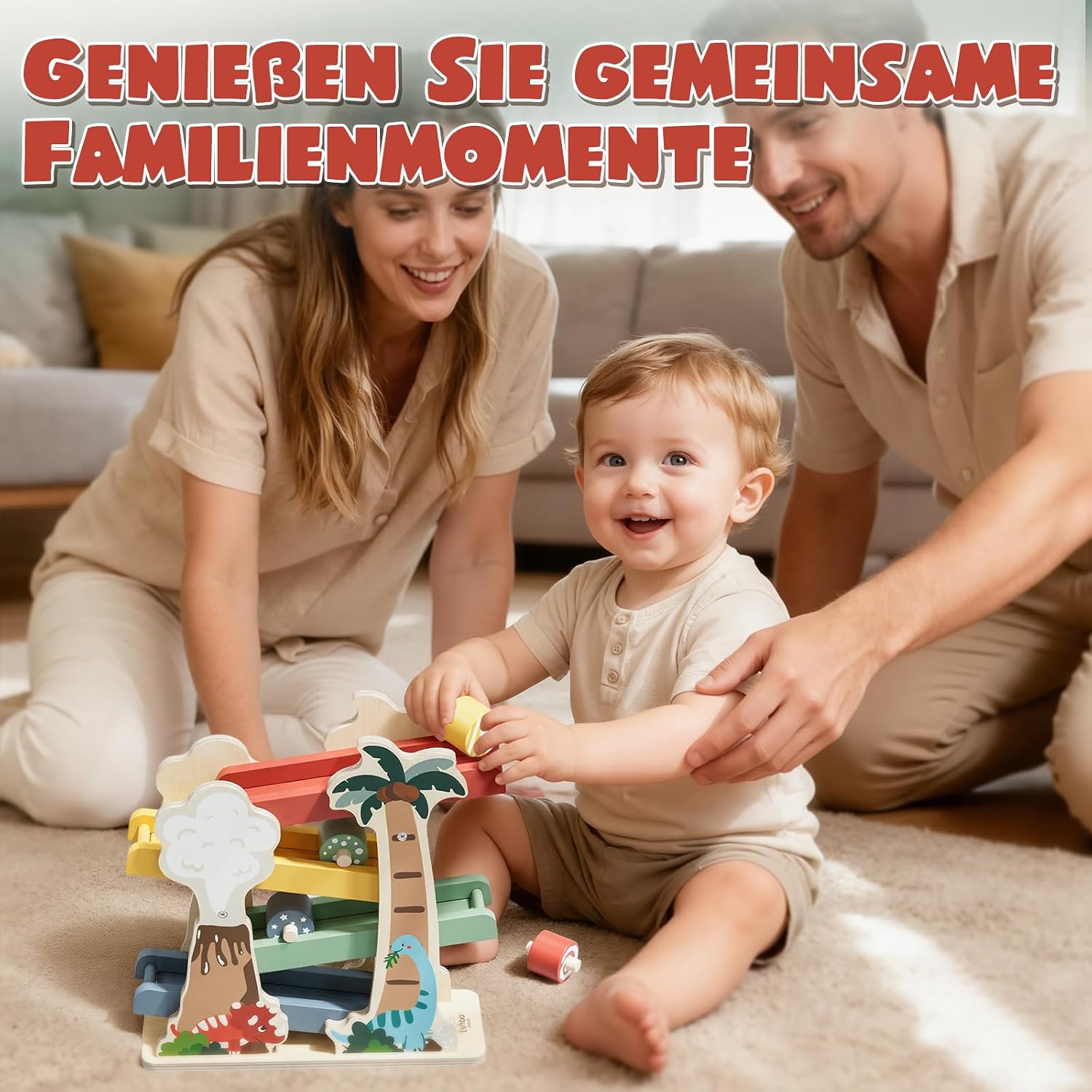 Detalle 2 de Lehoo Castle Montessori Kugelbahn aus Holz mit Dinosaurier-Motiv für Kleinkinder ab 1 Jahr