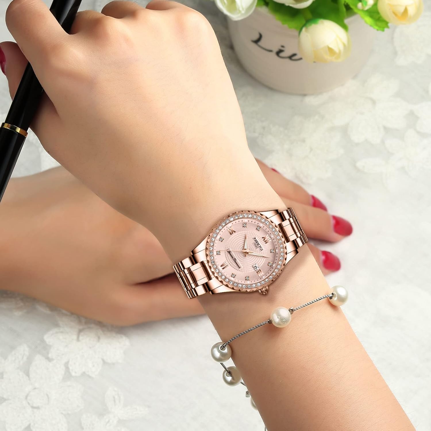 Thumbnail 6 de NIBOSI Damen-Armbanduhr mit Quarzwerk, Roségold-Optik und Diamant-Zifferblatt
