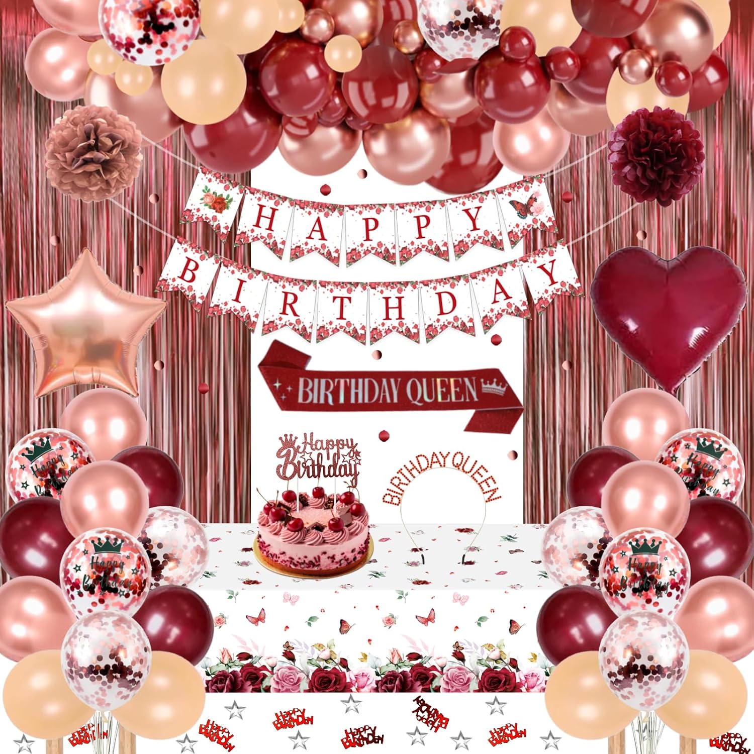 Detalle de Burgundy Rose Gold Birthday Decorations Set 🎉
