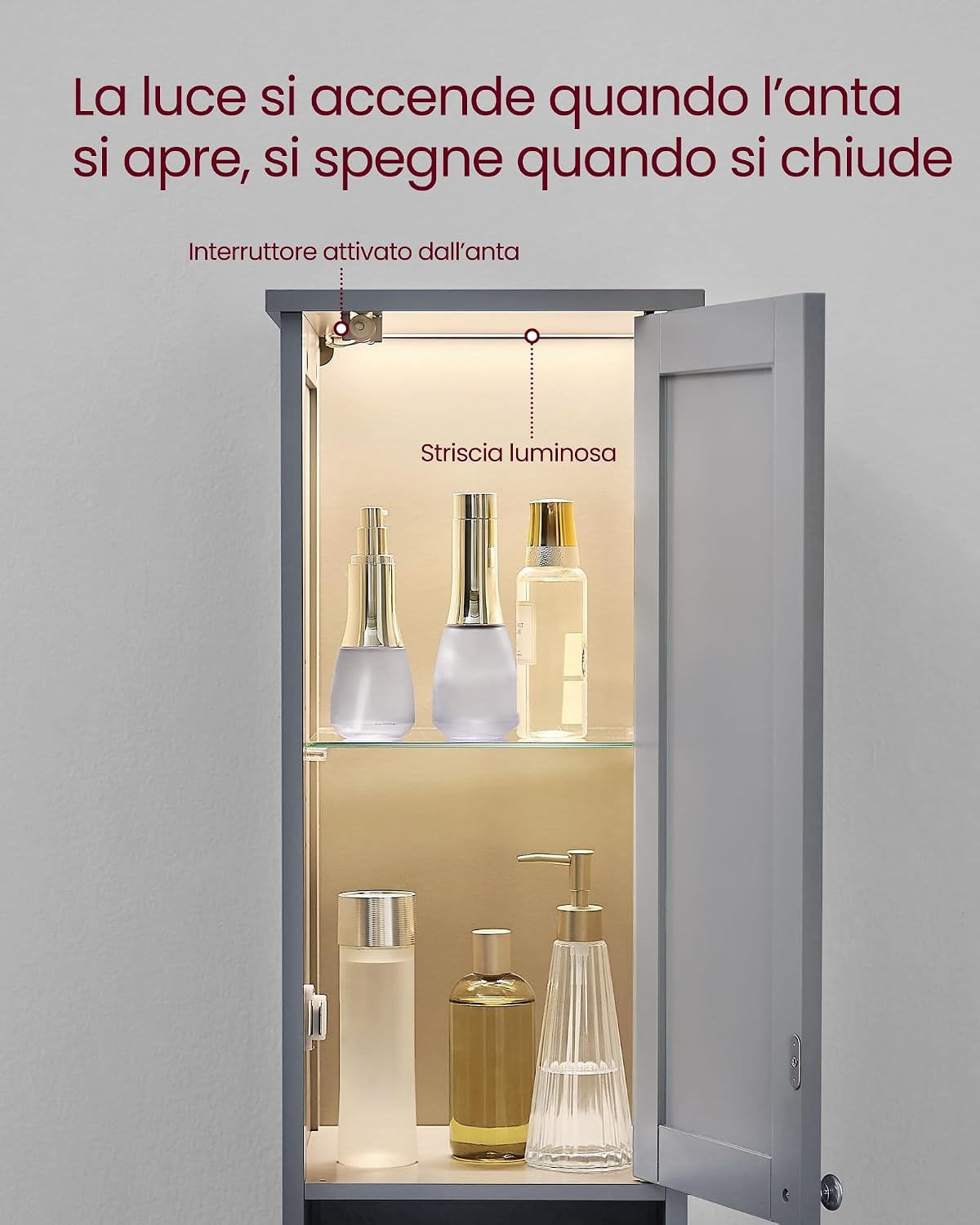 Detalle de VASAGLE Mobile da bagno con luce BBC566G03, armadietto alto da colonna grigio tortora 30 x 30 x 170 cm