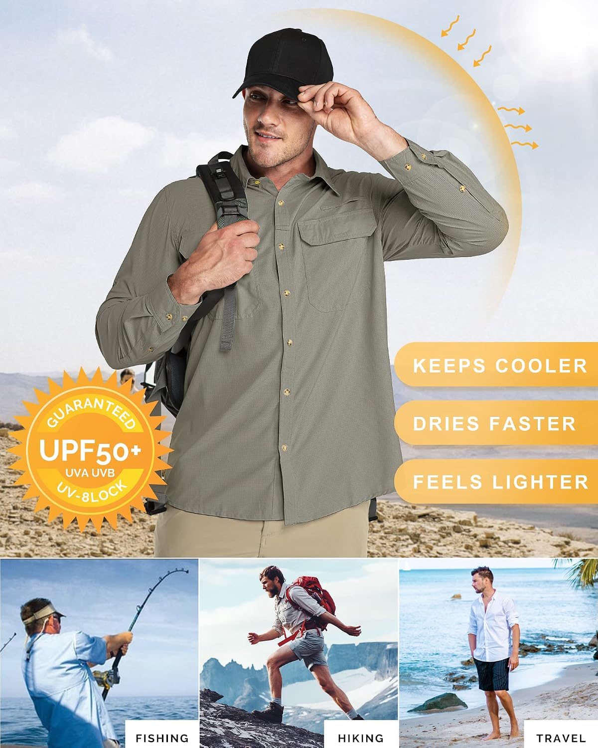 Detalle de 33,000ft Men's Long Sleeve UV Protection Safari Shirt with Pockets