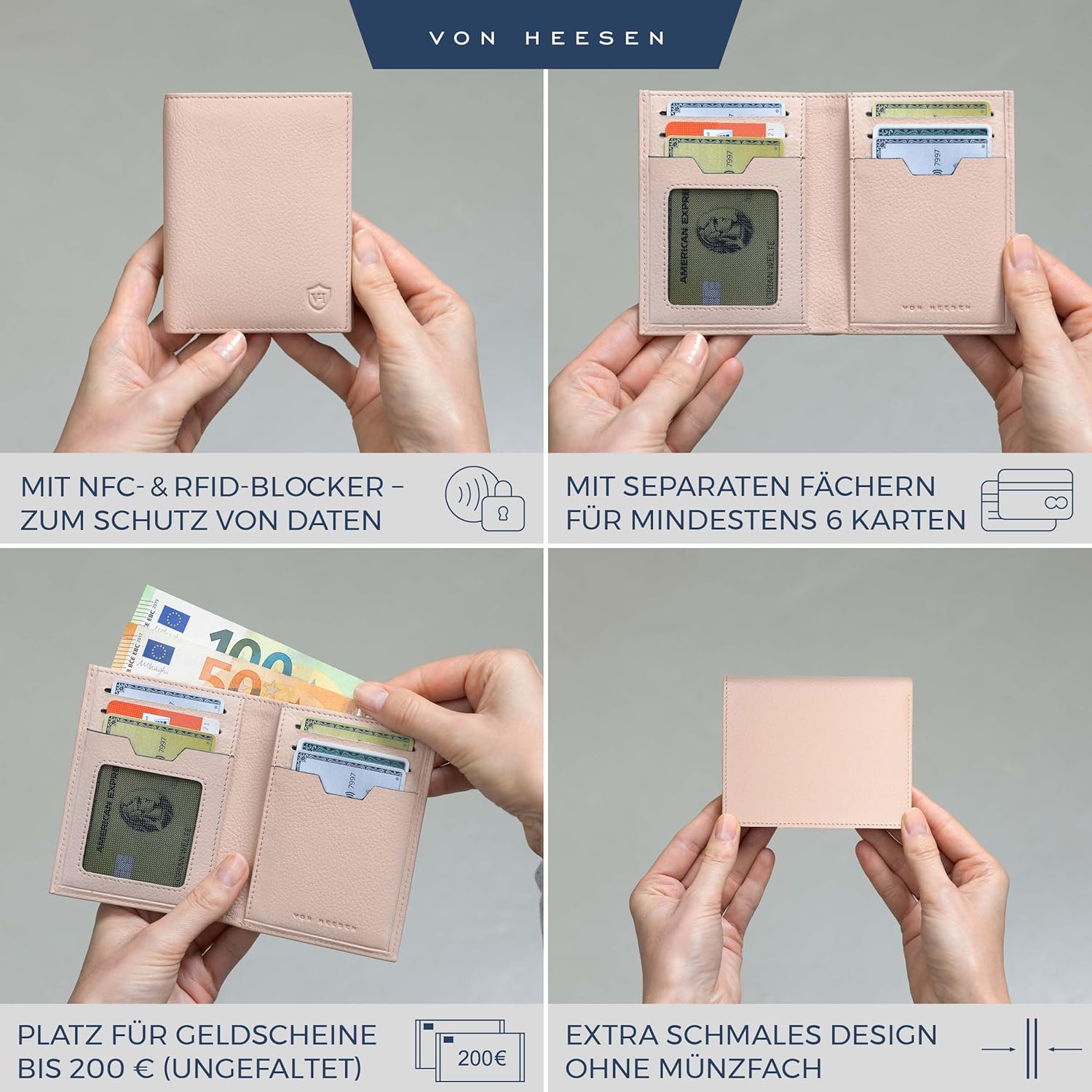 Thumbnail 1 de VON HEESEN Leder Geldbörse Damen & Herren – RFID-Schutz, Echtleder, Rose