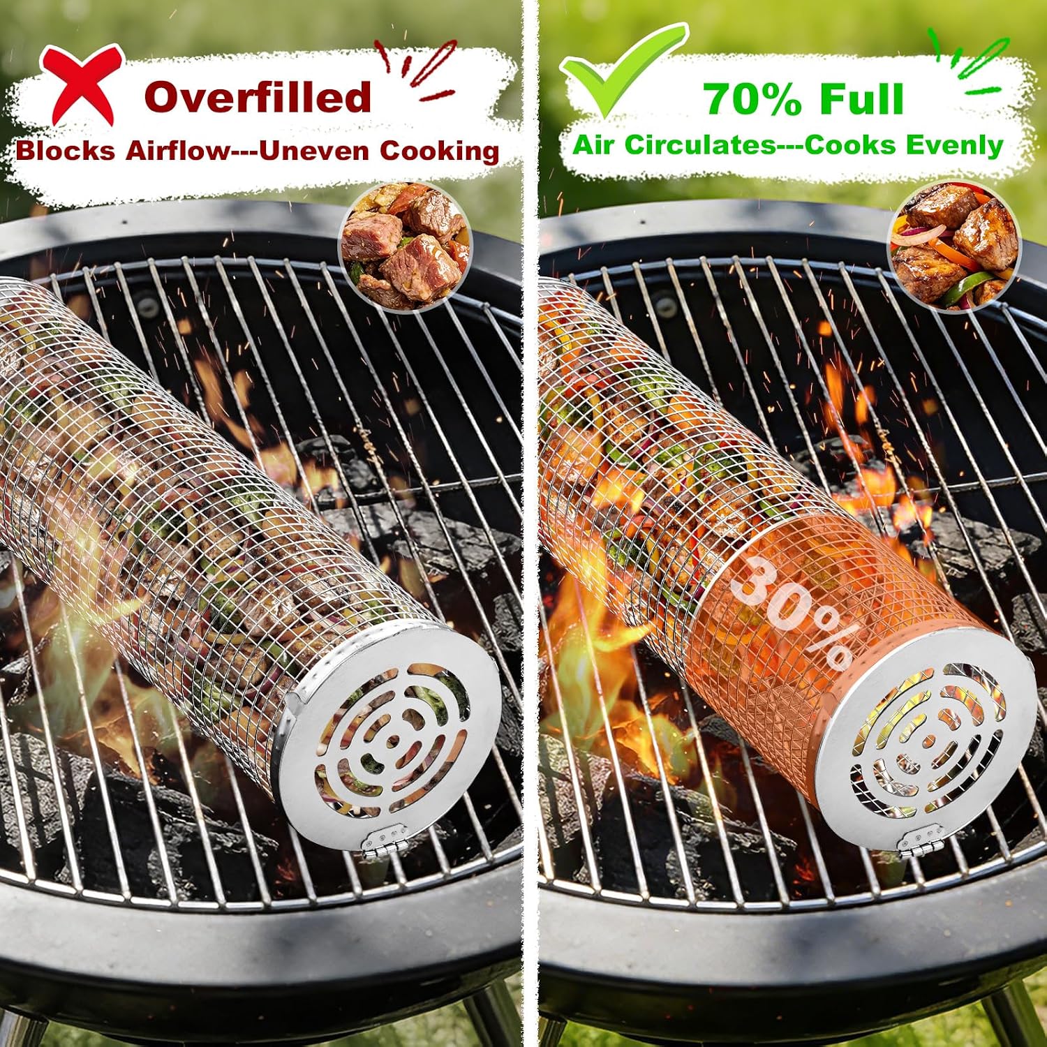 Detalle de Ezilif 2PCS Rolling Grill Baskets – 304 Stainless Steel, with Detachable Wooden Handle and Nesting Net