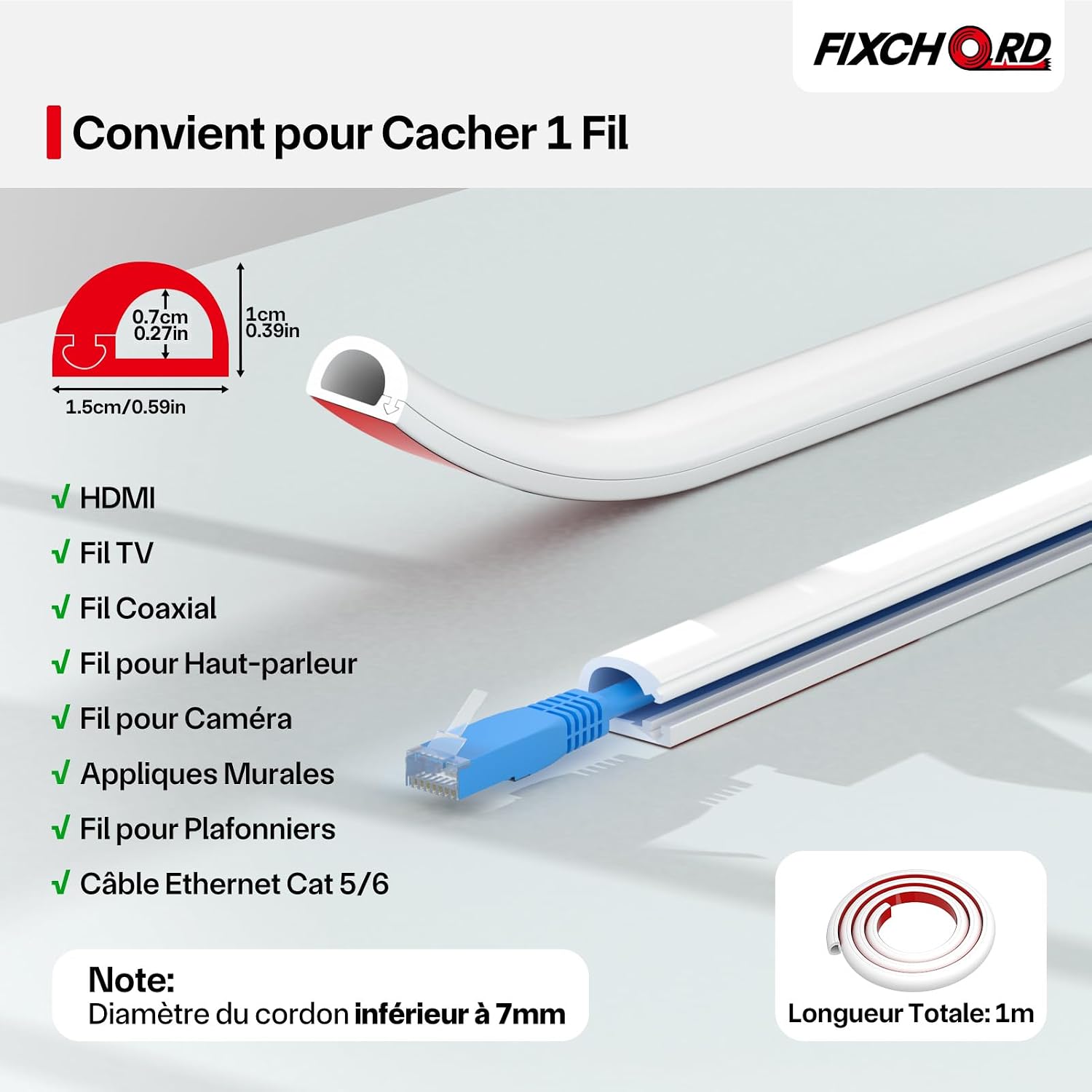 Thumbnail 1 de FIXCHORD Goulotte autocollante électrique 15 mm x 10 mm, peignable (blanc) – longueur 3 m