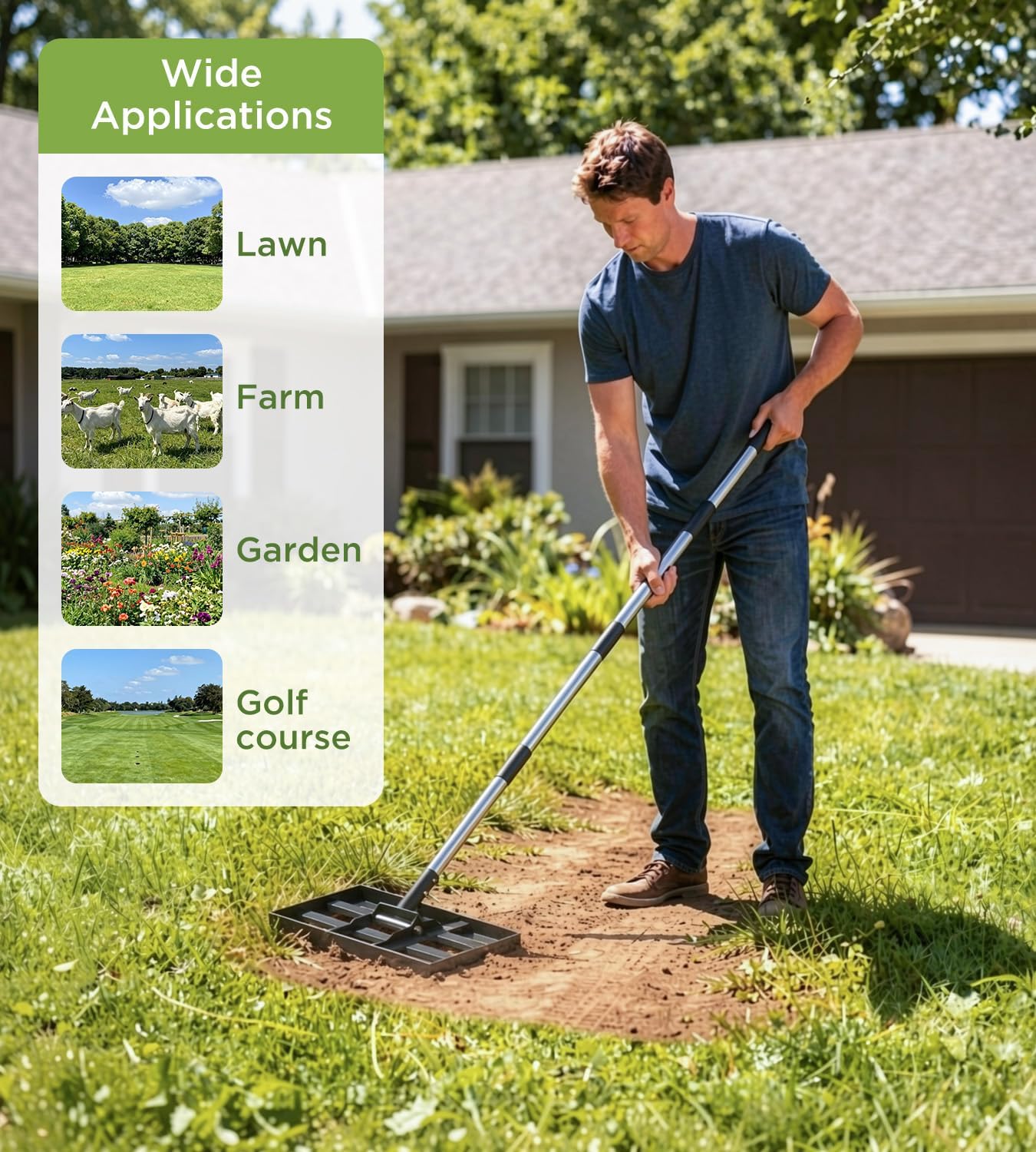 Thumbnail 3 de Lawn Levelling Rake with 180cm adjustable stainless handle – 43 x 25cm grass levelling tool