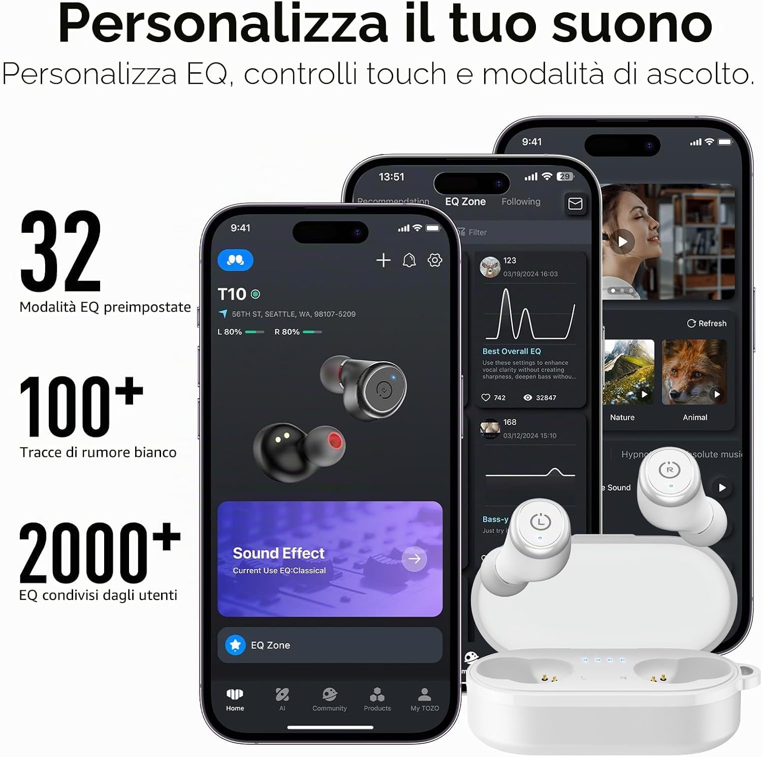 Detalle 2 de TOZO T10: cuffie Bluetooth 5.3 con controllo touch, EQ OrigX 2.0 e 55 ore di autonomia