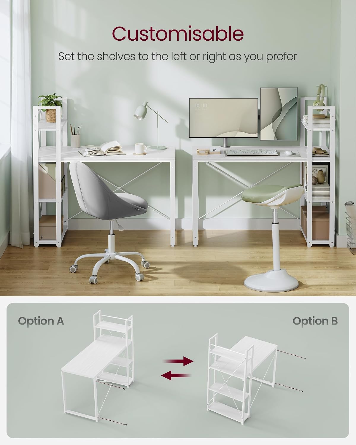 Thumbnail 6 de VASAGLE LWD048W44 Reversible Computer Desk with Shelves, Maple White