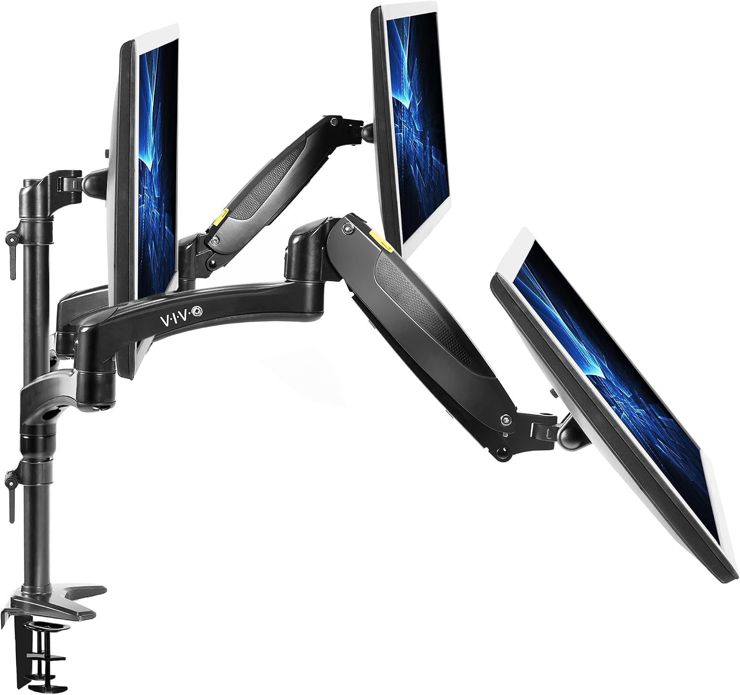 Detalle 2 de VIVO STAND-V300G: Triple Pneumatic Monitor Mount for 3 Screens (17"–32", 17.6 lbs each) with Heavy-Duty Desk Stand