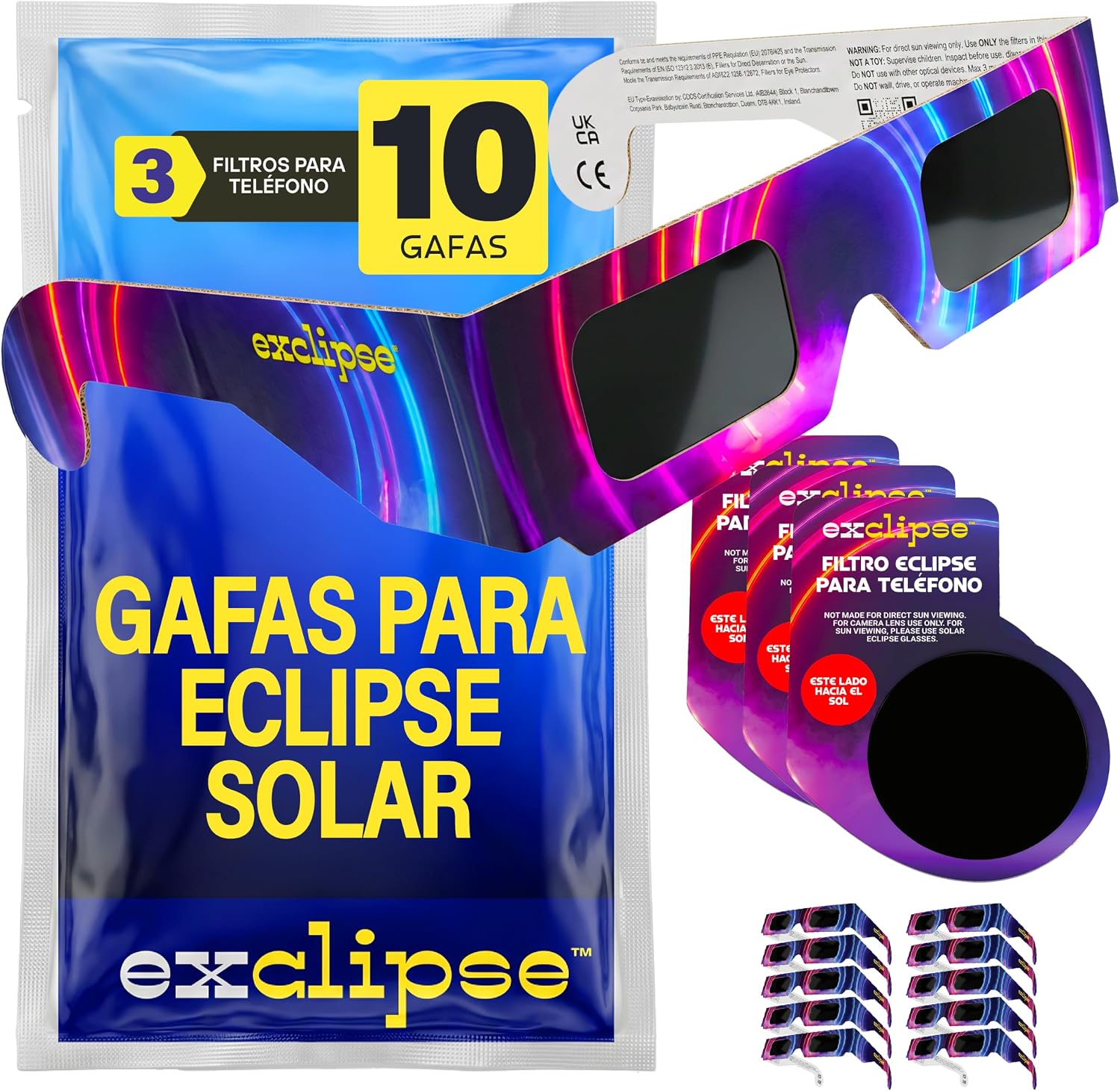 Detalle de Exclipse 10 Gafas Eclipse Solar con 3 Filtros para Móvil – Kit Completo ISO 12312-2 para Ver y Fotografiar el Eclipse 2026
