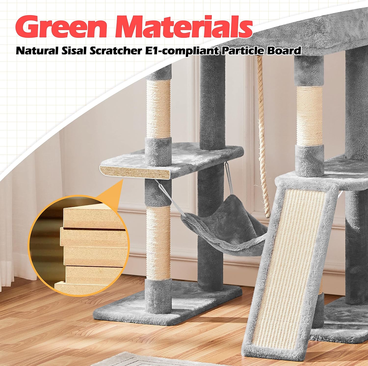 Thumbnail 6 de Yaheetech Albero Tiragraffi per Gatti 209 cm in Truciolato e Corda in Sisal con Condomini, Amaca e Pisolini Multilivello – Grigio Chiaro