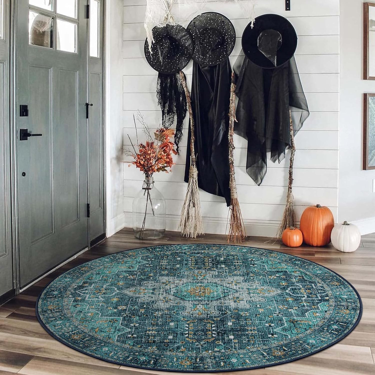Detalle de Moynesa Ultra-Thin 4 ft Round Area Rug, Teal Oriental Floral, Washable Low-Pile