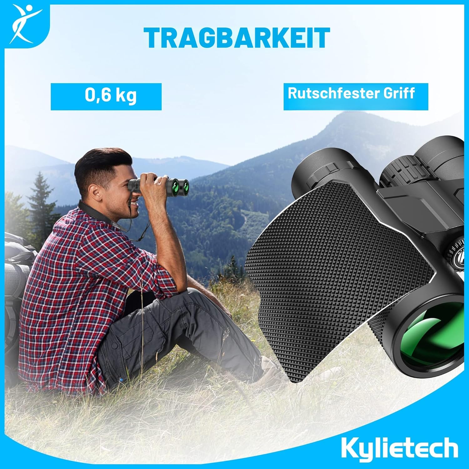 Detalle de Kylietech 12x42 Fernglas für Erwachsene mit Stativ & Smartphone-Adapter (wasserdicht, BaK-4, FMC)