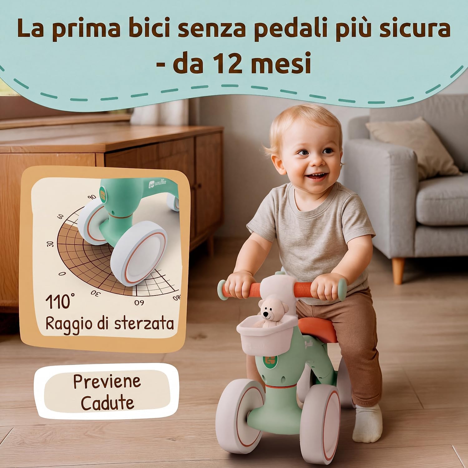 Detalle 2 de Mallie® Bicicletta Senza Pedali con cestino – Balance Bike per bambini 1–2 anni