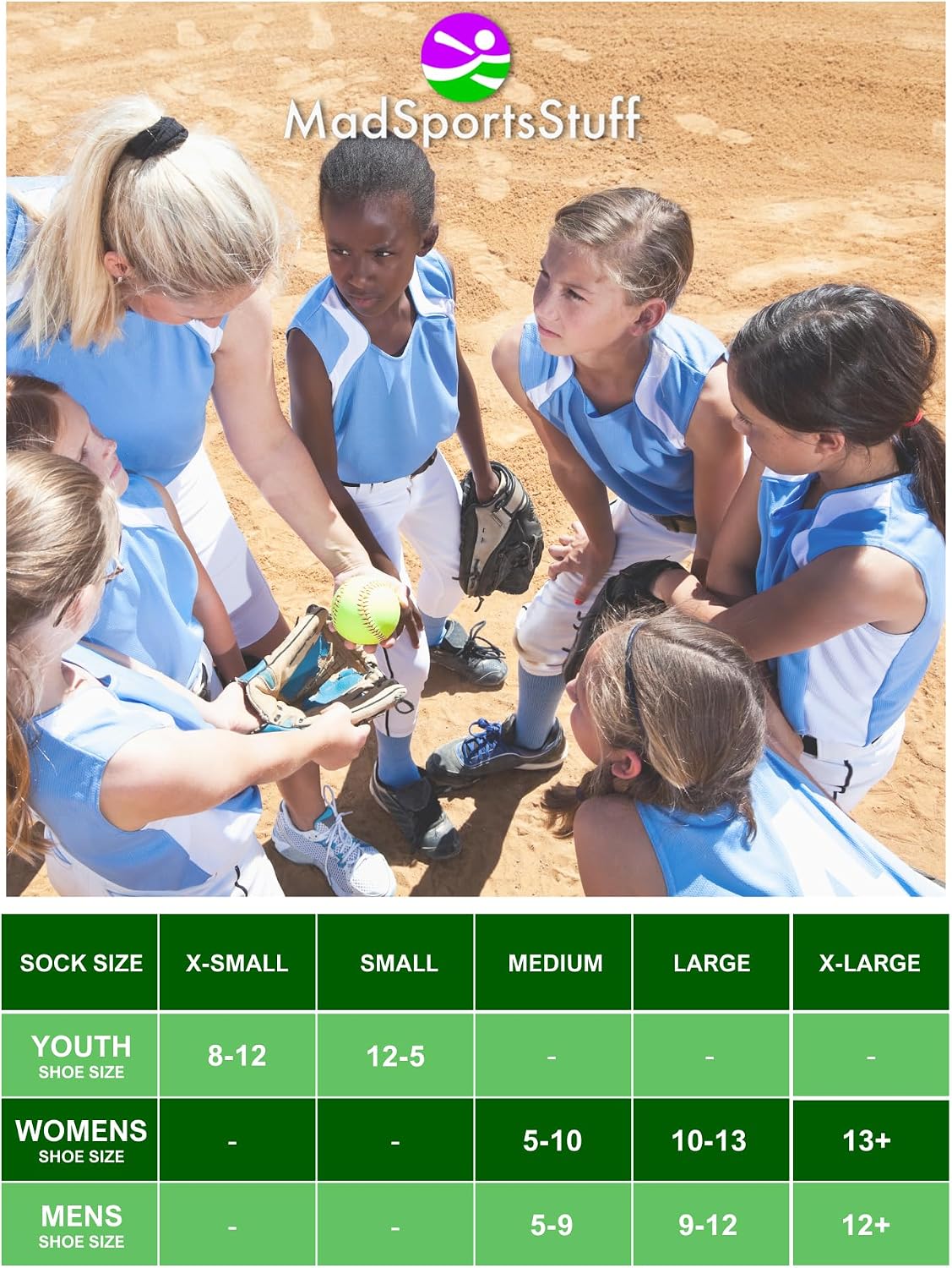 Detalle 2 de MadSportsStuff Softball Socks with Stitches (Girls & Women), Over-the-Calf—Moisture-Wicking Team Colors