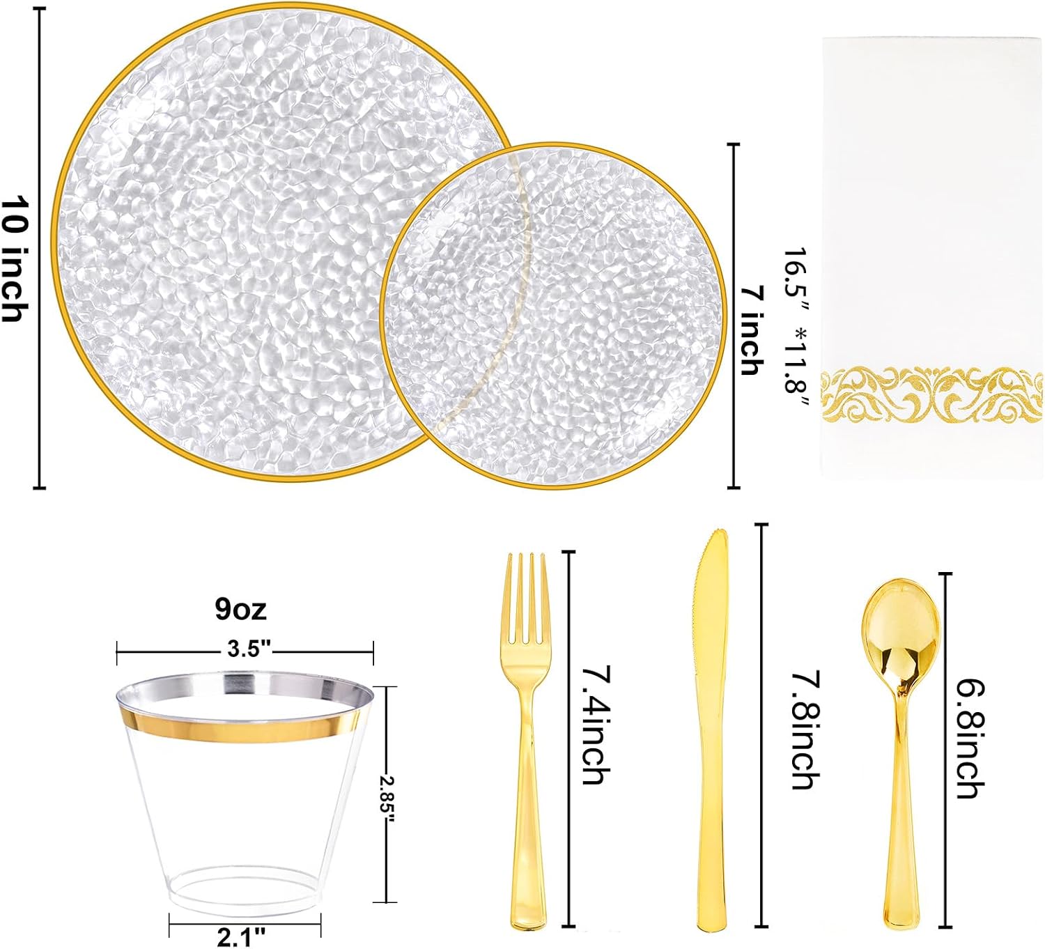 Thumbnail 1 de Rubtlamp 350 Pcs Clear Gold Hammered Plastic Dinnerware Set