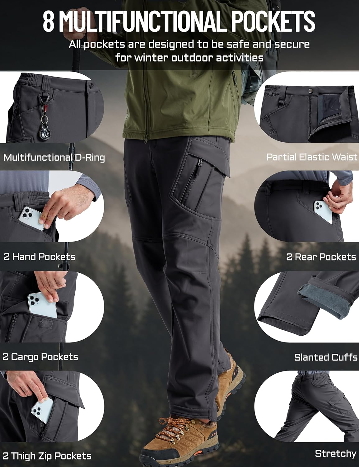 Detalle de TACVASEN Men's Winter Softshell Pants, Fleece-Lined, Water-Resistant, 8 Pockets