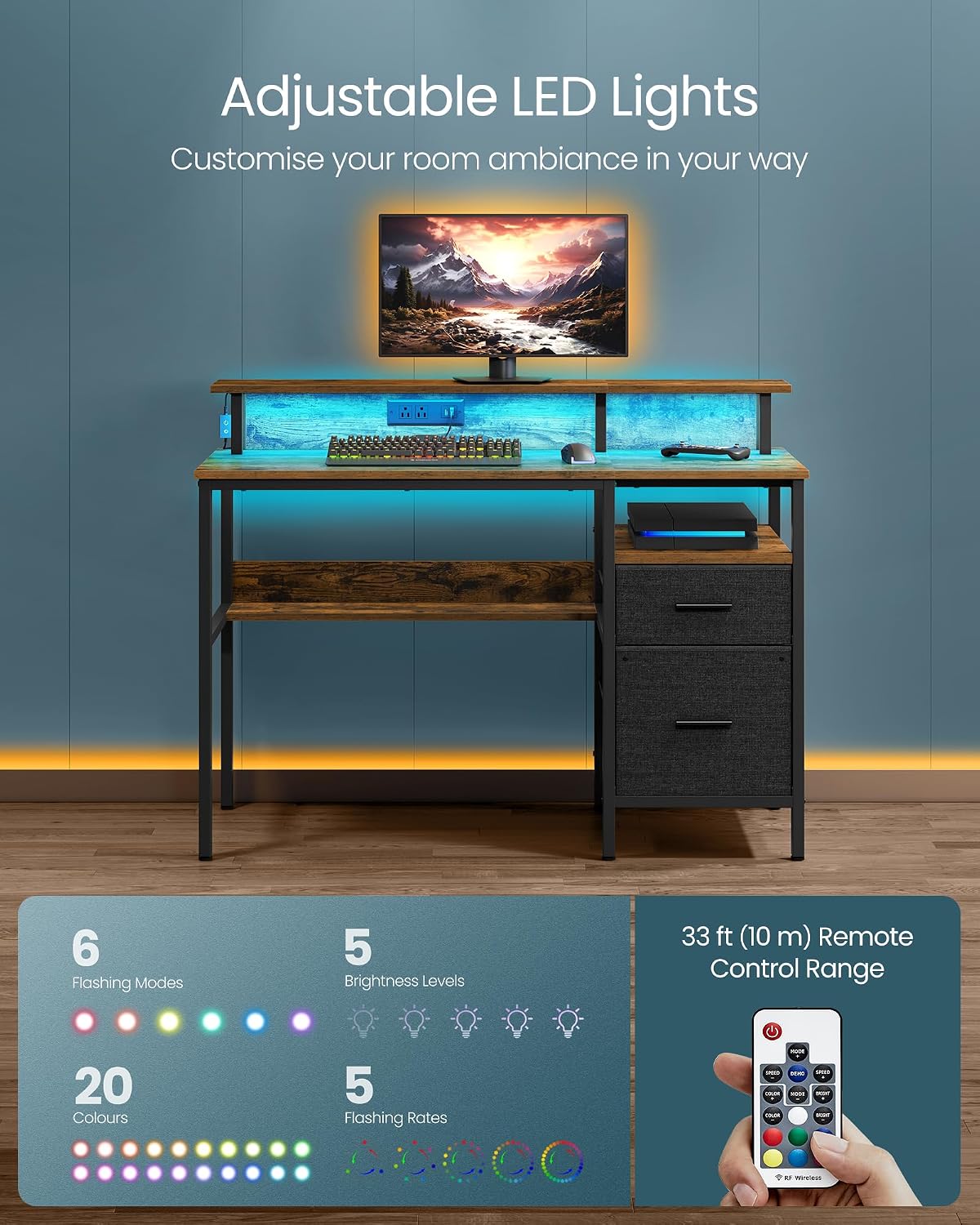 Detalle de VASAGLE LWD093K02 computer desk with fabric drawers, monitor stand, LED lighting and built-in power outlets
