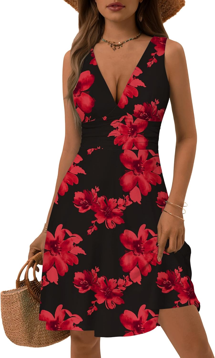 Detalle 2 de OURIN Women's Spring Deep V-Neck Sleeveless Floral Sundress with Pockets