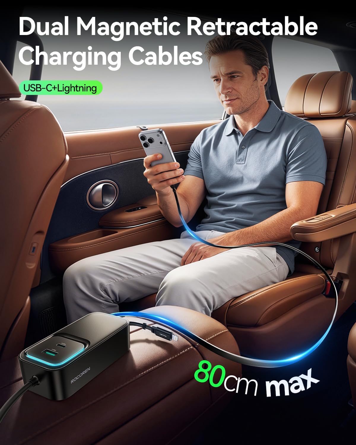 Detalle de Rocoren Retractable Car Charger 135W Fast Charge: 6-in-1 USB-C Car Adapter with 80cm Retractable Cable