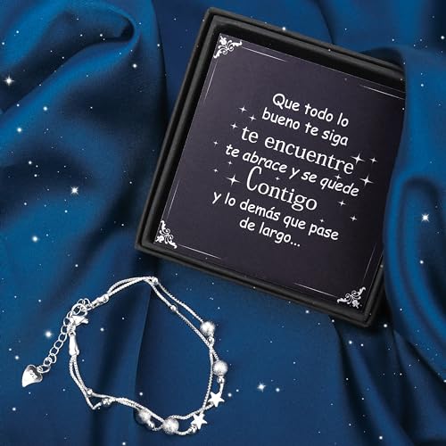 Detalle de Pulsera plateada para mujer Rebundex: regalo sofisticado con estrellas y cuentas