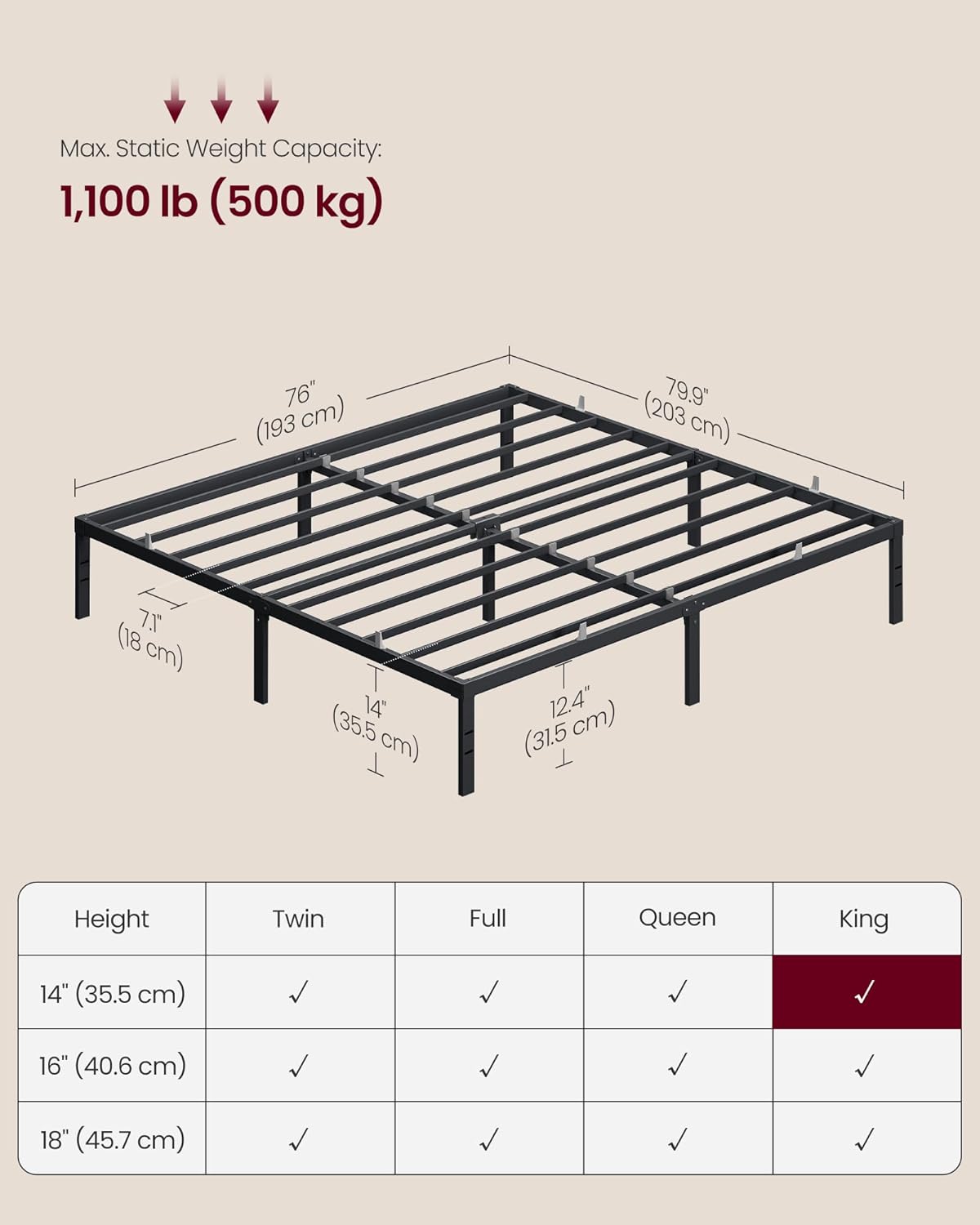 Detalle de VASAGLE King Metal Bed Frame, 14-Inch Height